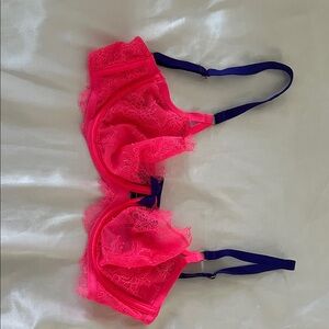 Victoria's Secret Neon Pink Lace Bra with Deep Purple Accents
